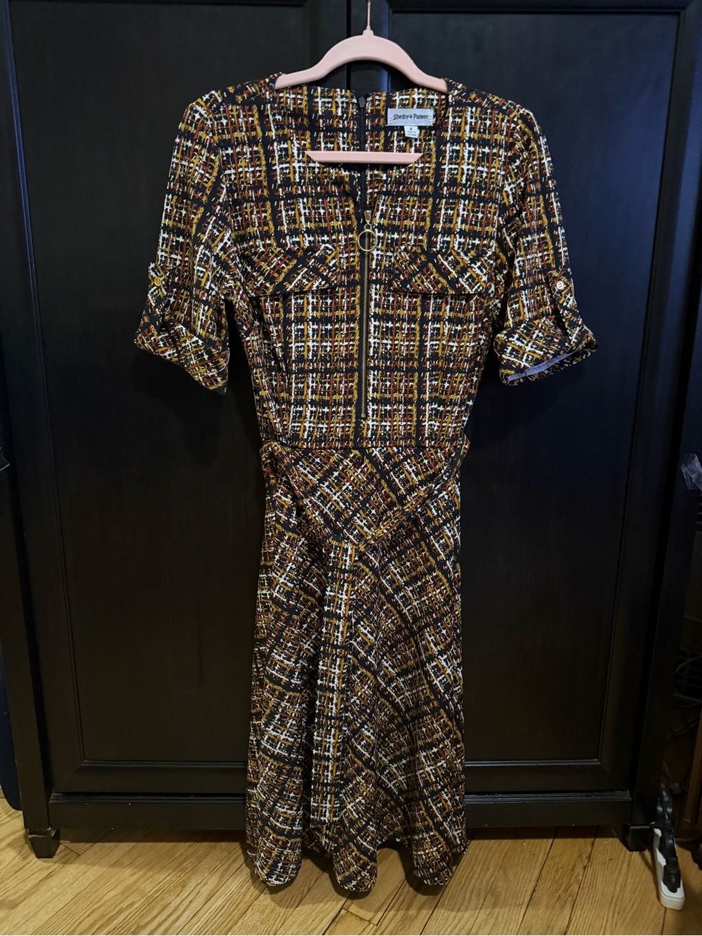 Shelby & Palmer Brown Plaid Tweed Zip-Front Midi Dress